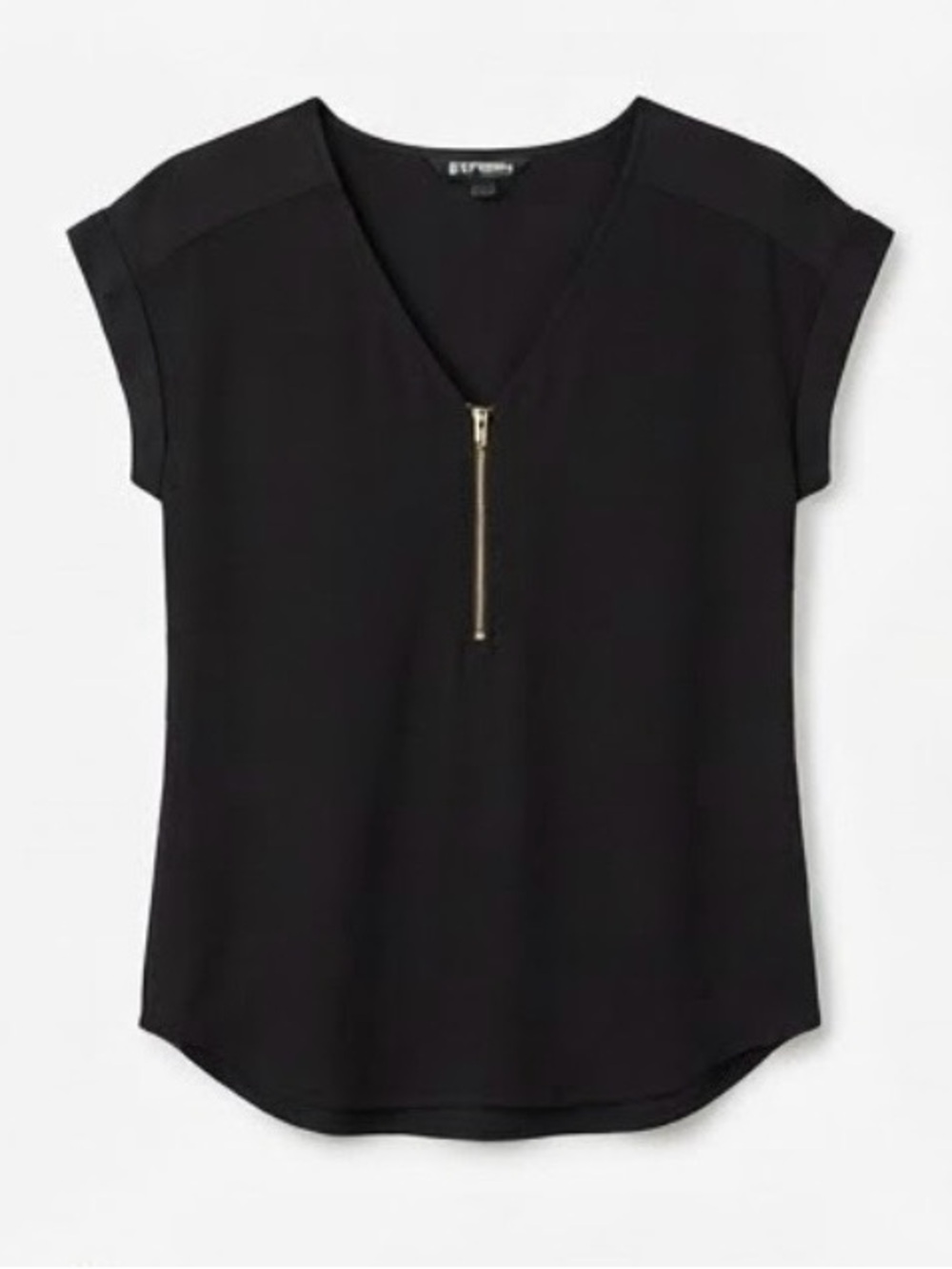 EXPRESS Black Short Sleeve Blouse Gold Quarter Zip V-Neck Top (Size M)